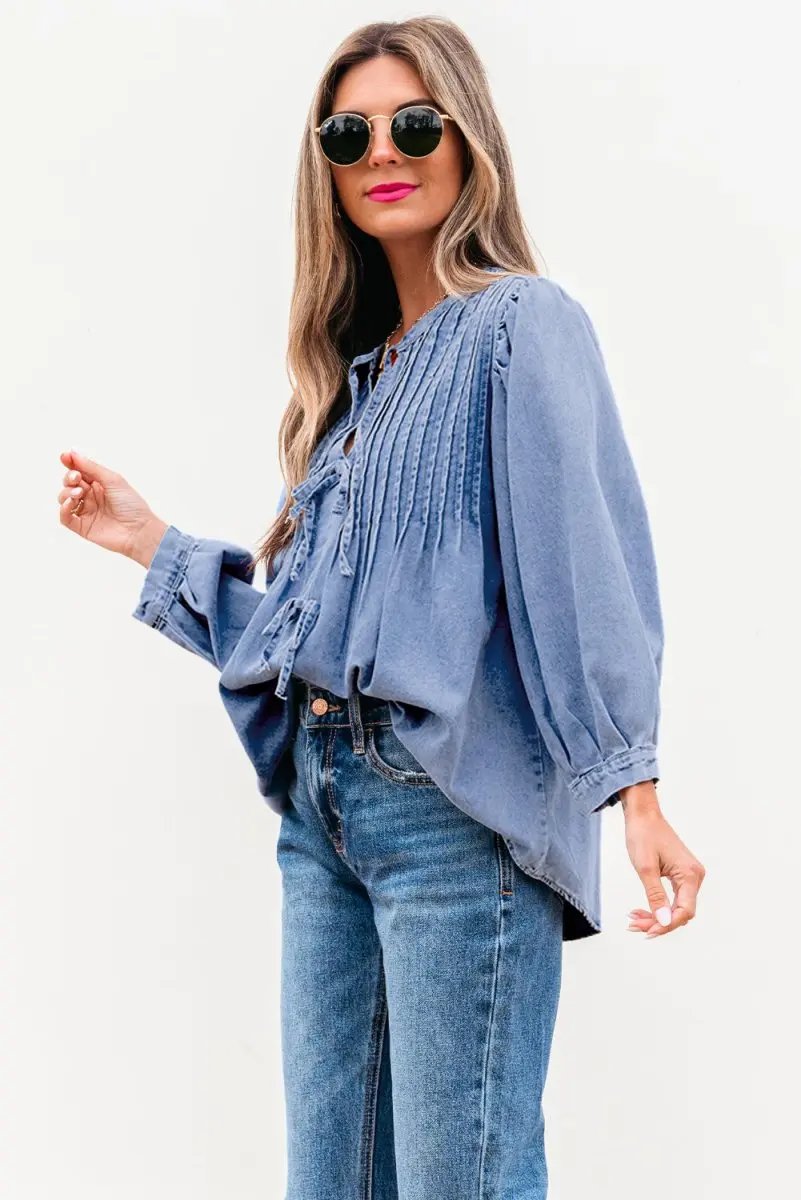 Myosotis Denim Front Pintuck Bow Tie Puff Sleeve Top - Love Salve